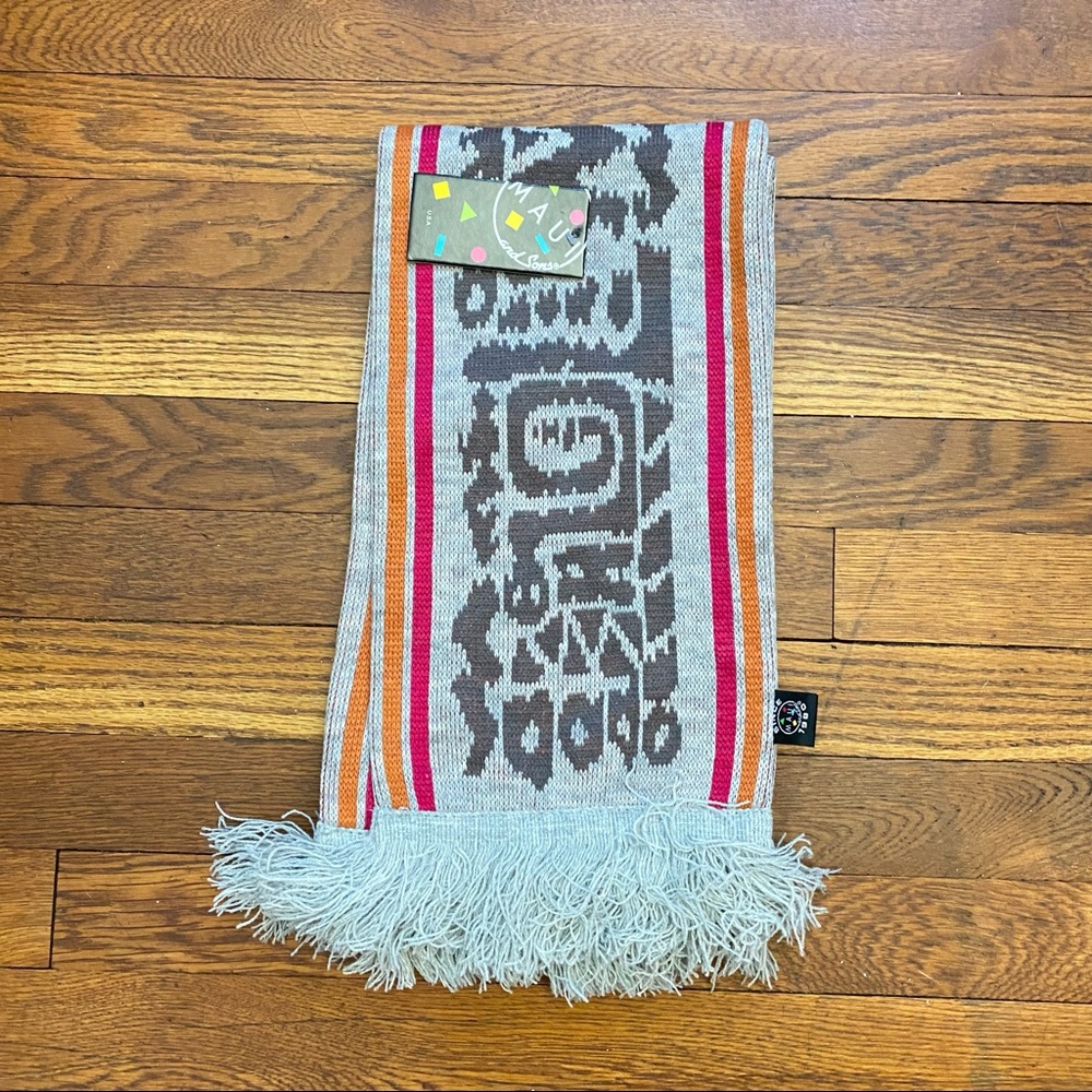 Maui and Sons gray graphic logo winter scarf with fringe